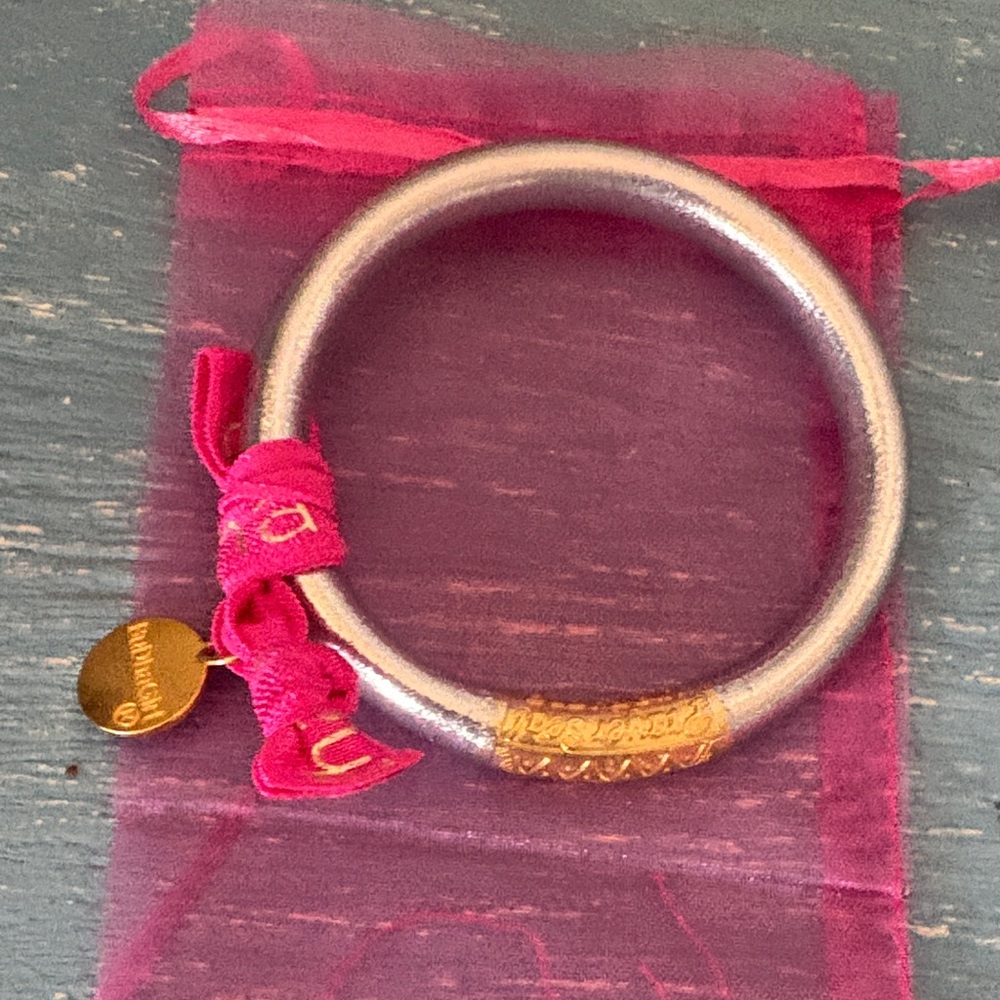 Gold-Tone Bangle Bracelet with Pink Ribbon Accent